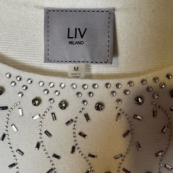 LIV Milano Embellished White Top Women’s  Rhinestone Blouse Holiday Party - Picture 2 of 4